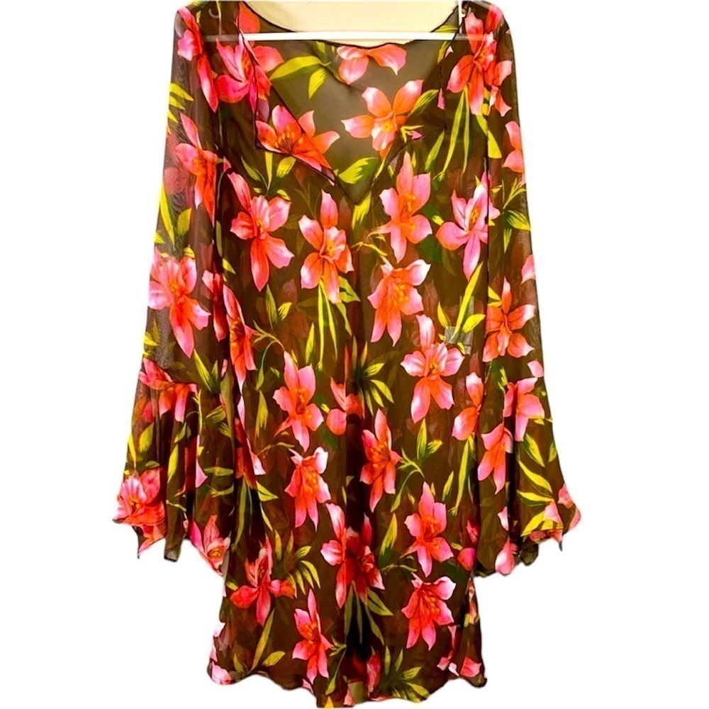 🌿Spiegel woman’s lightweight long blouse black with flowers. Size L. K-25